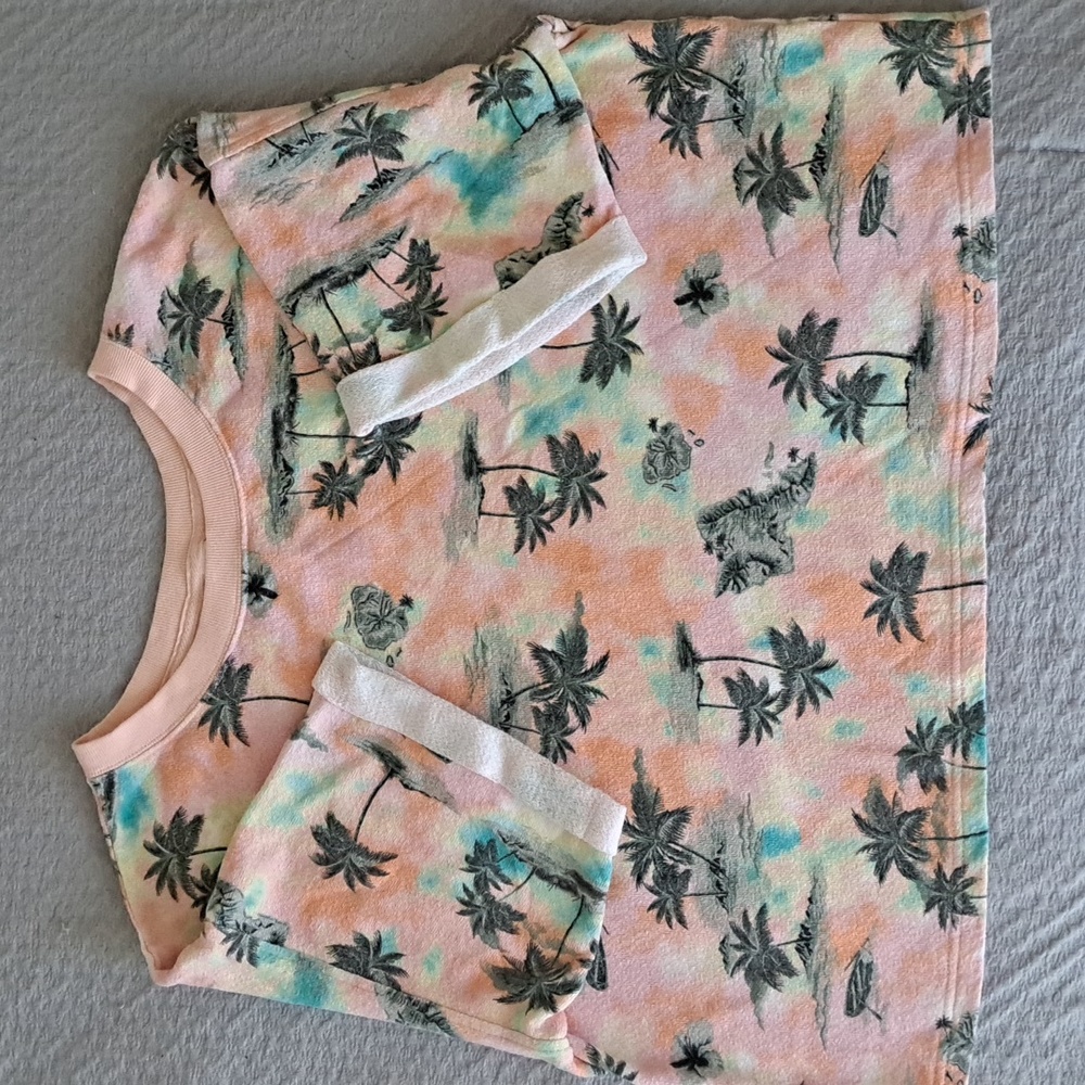 Terry cloth hawian print crop shirt